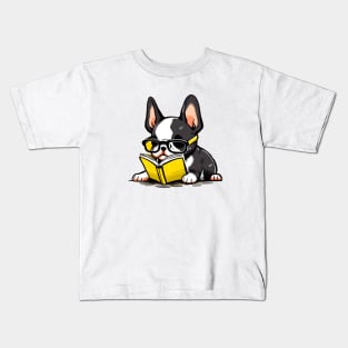 Boston Terrier With Glasses Reading a Book Kids T-Shirt